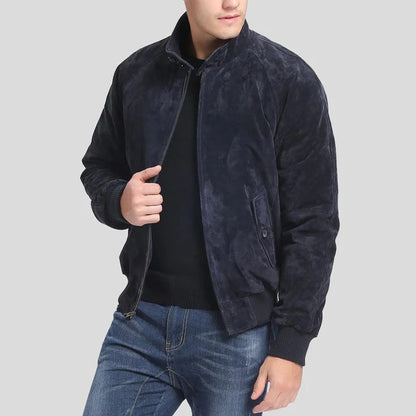 Men's Admiral Navy Blue Suede Bomber Leather Jacket