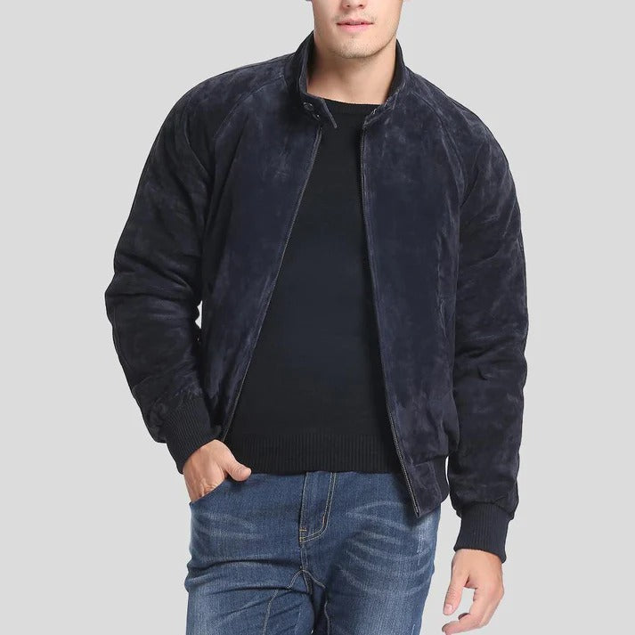 Men's Admiral Navy Blue Suede Bomber Leather Jacket