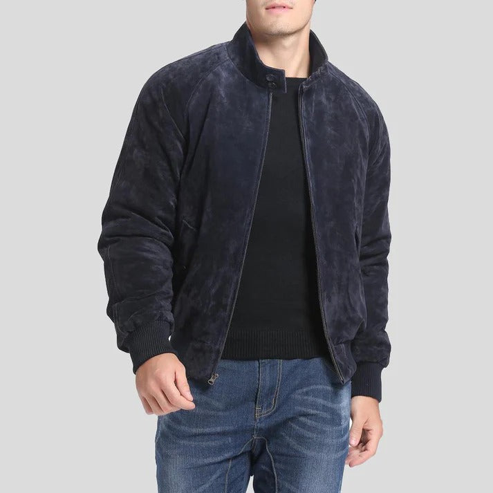 Men's Admiral Navy Blue Suede Bomber Leather Jacket