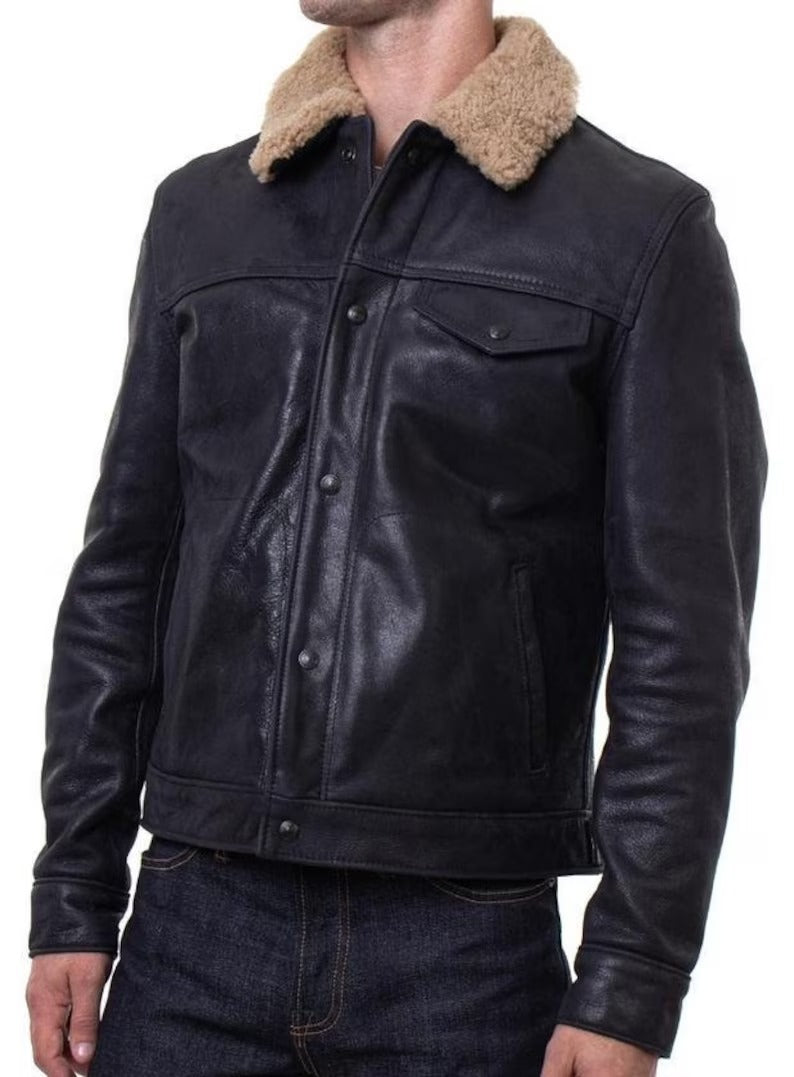 Men's Aviator Shearling Leather Trucker Jacket - Black Jacket