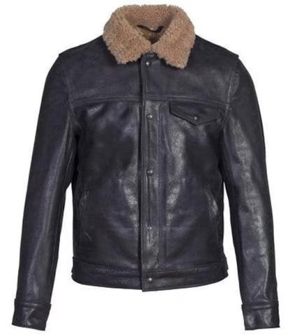 Men's Aviator Shearling Leather Trucker Jacket - Black Jacket