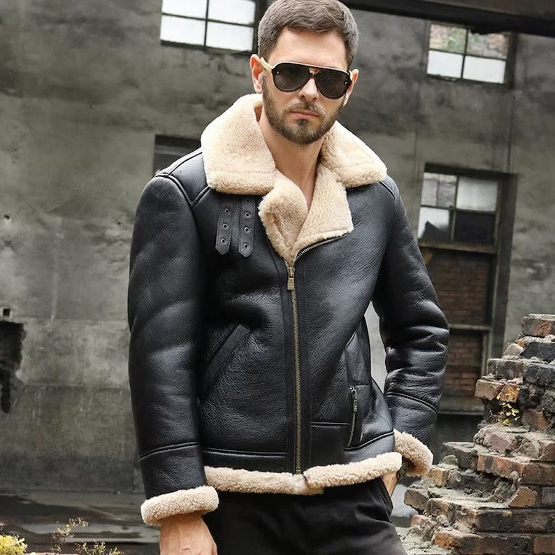 Men's B3 Aviator Shearling Leather Winter Jacket - Classic Bomber Style