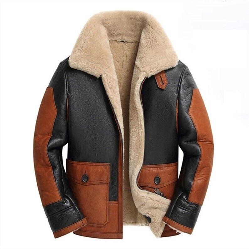 Men's B3 RAF Aviator Brown Double Collar Flight Shearling Leather Jacket Coat