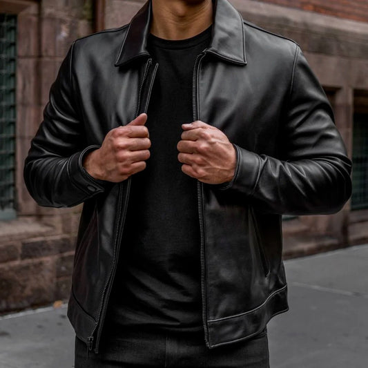 Men's Black Leather Biker Racer Jacket