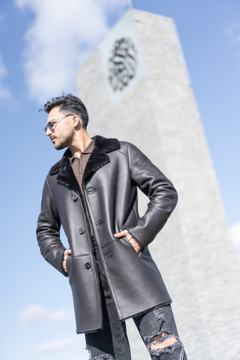 Men's Black Leather Long Overcoat with Shearling Collar and Lining