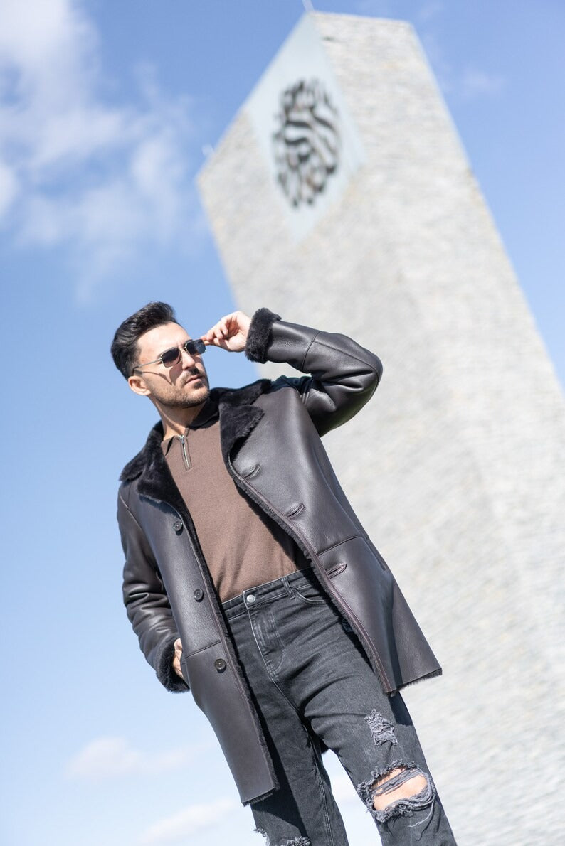 Men's Black Leather Long Overcoat with Shearling Collar and Lining