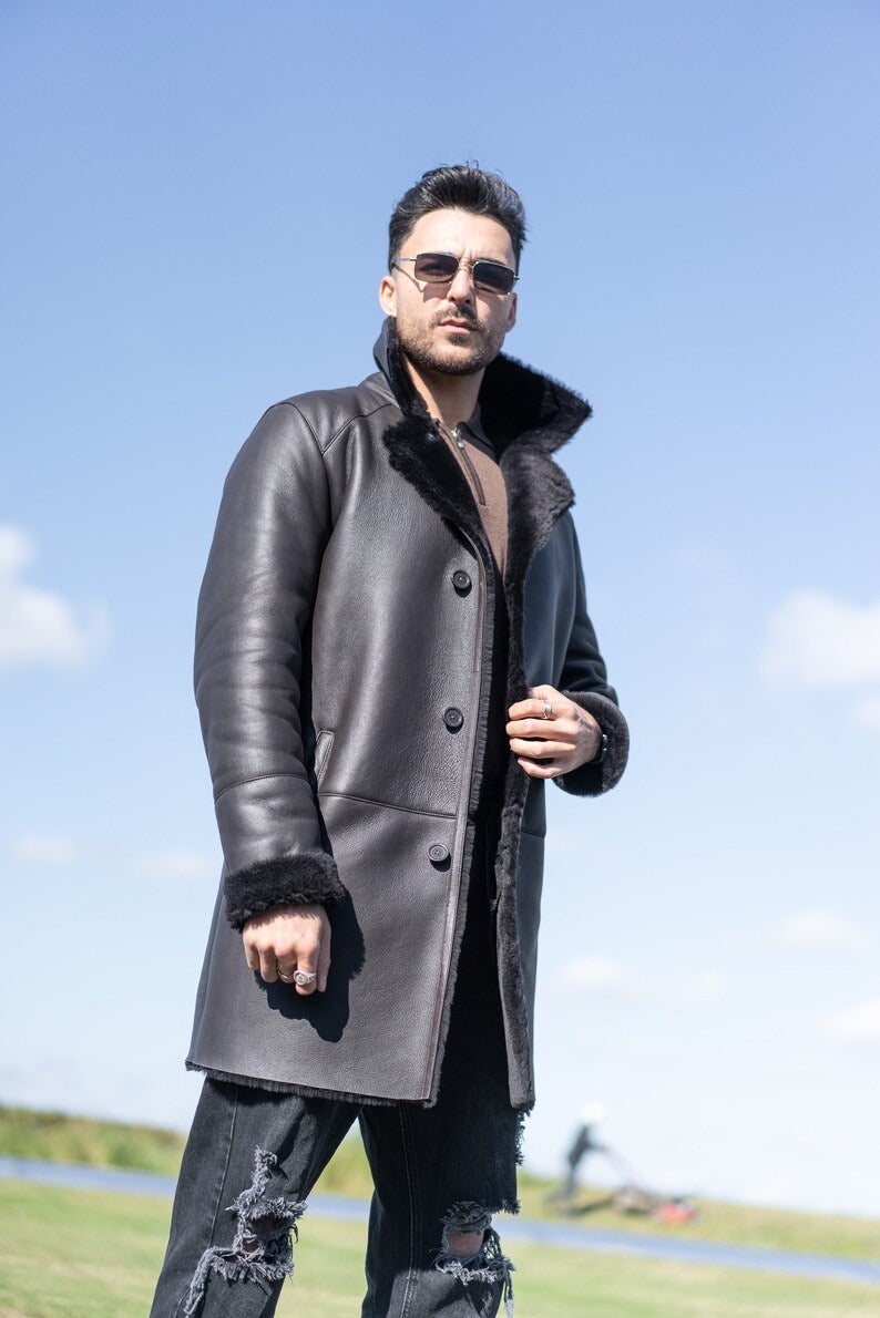 Men's Black Leather Overcoat