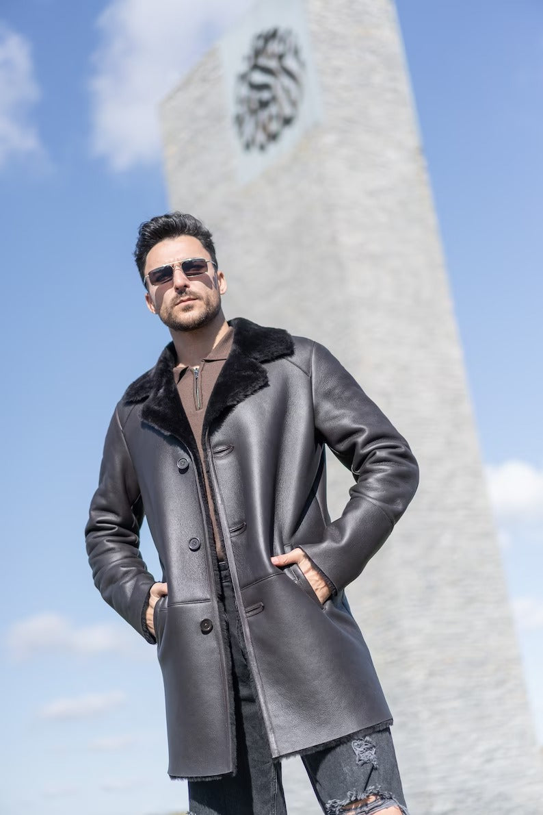 Men's Black Leather Long Overcoat with Shearling Collar and Lining