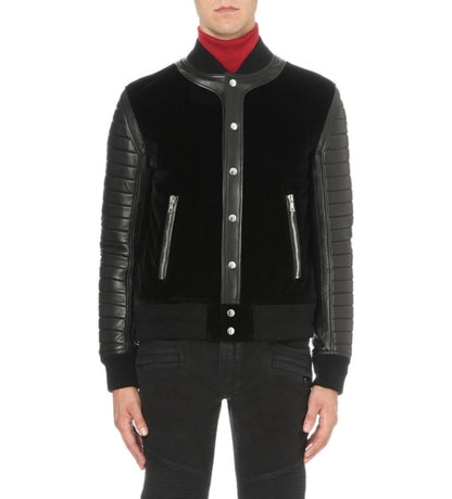 Men's Black Leather and Velvet Bomber Jacket