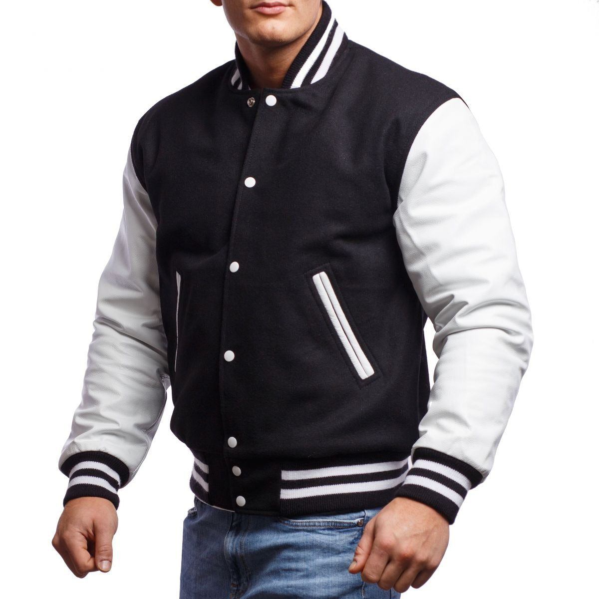 Men's Black Wool Body & Bright White Leather Sleeves Letterman Jacket