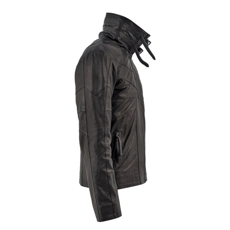 Men's Blackbird High Collar Sheep Leather Jacket - Black Jacket