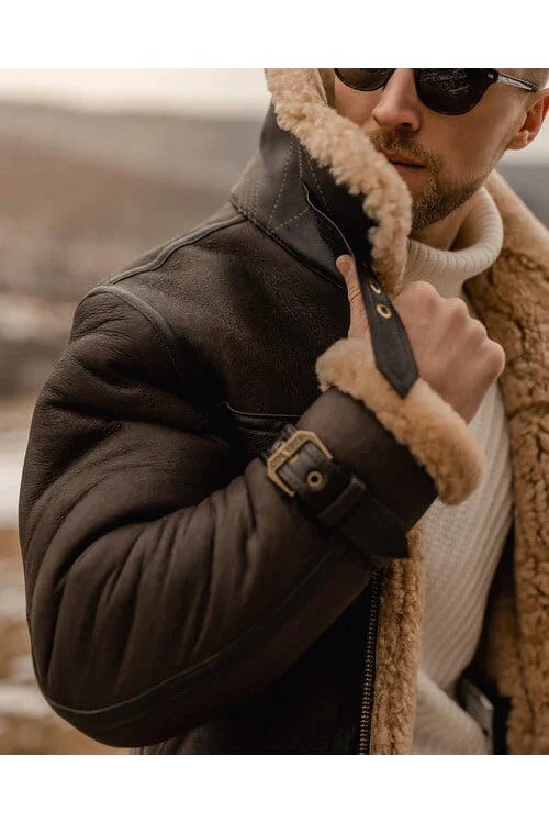 Men's Brown B3 Flying Aviator Shearling Leather Jacket Sheepskin Coat