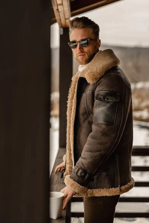 Men's Brown B3 Flying Aviator Shearling Leather Jacket Sheepskin Coat