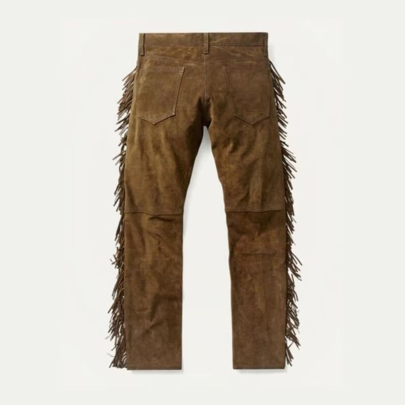 Men's Brown Cowboy Suede Leather Chaps - Western Hand-Tooled Wide Leg Pants