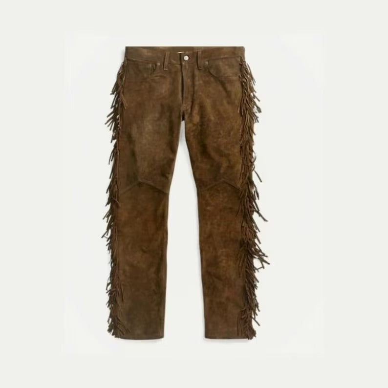 Men's Brown Cowboy Suede Leather Chaps - Western Hand-Tooled Wide Leg Pants