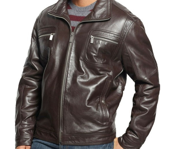 Men's Brown Lambskin Leather Motorcycle Jacket - Brown Jacket