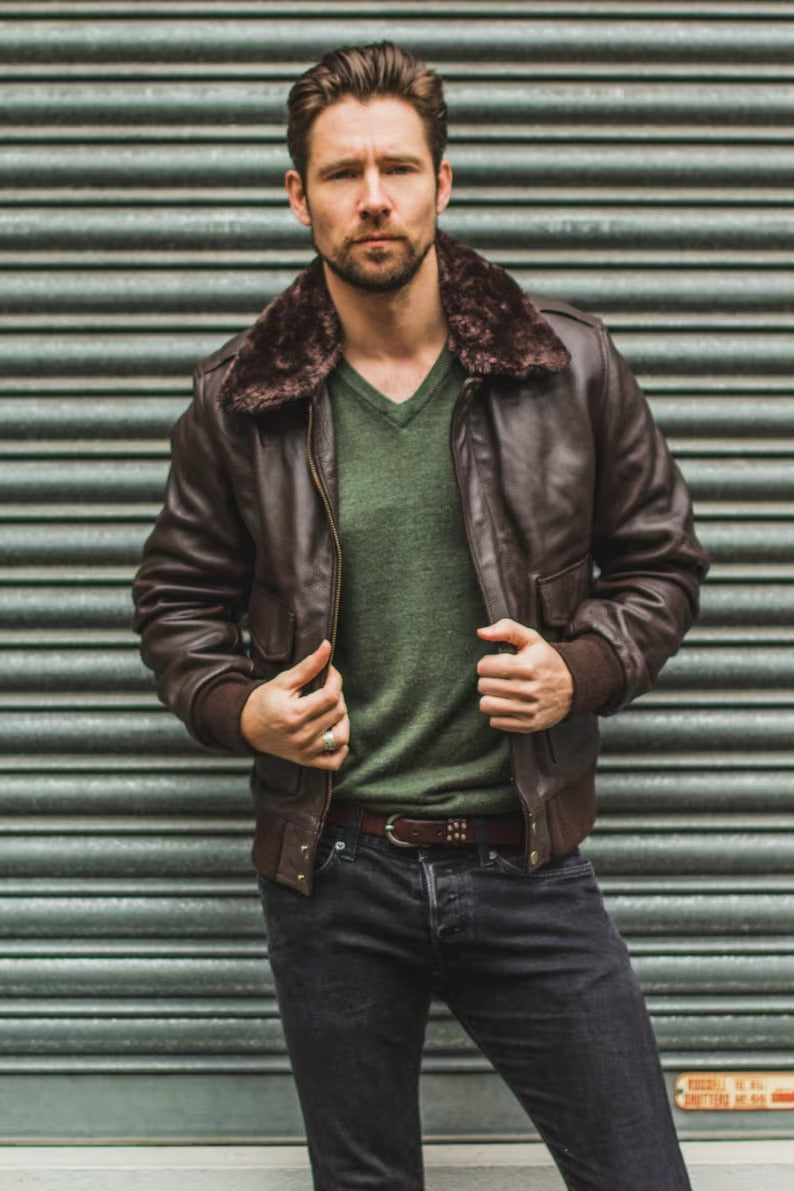 Men's Brown Leather G-1 Pilot Aviator Jacket with Shearling Collar