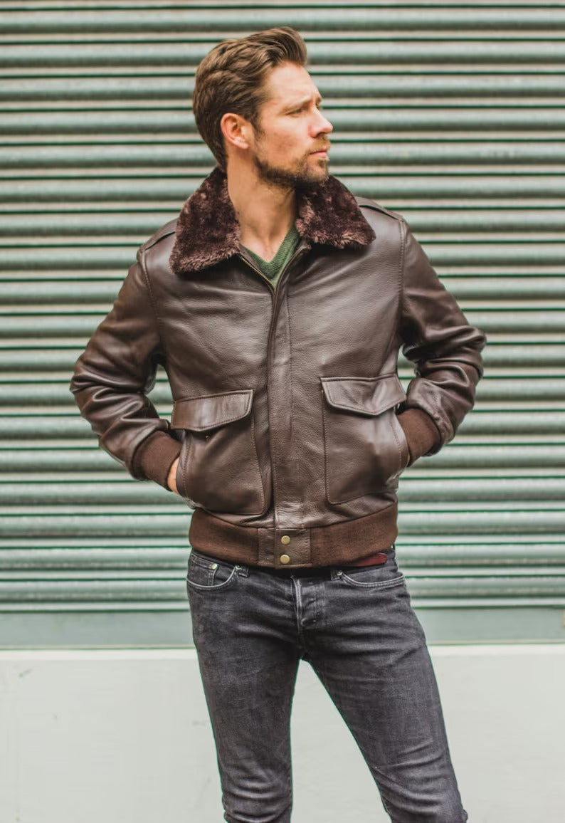 Men's Brown Leather G-1 Pilot Aviator Jacket with Shearling Collar