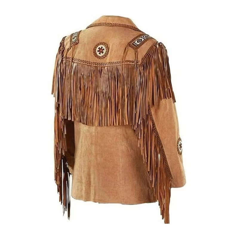 Men's Brown Real Suede Leather Native American Fringe Western Jacket