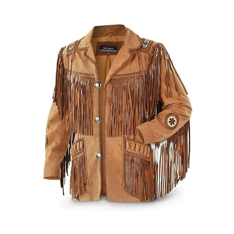 Men's Brown Real Suede Leather Native American Fringe Western Jacket