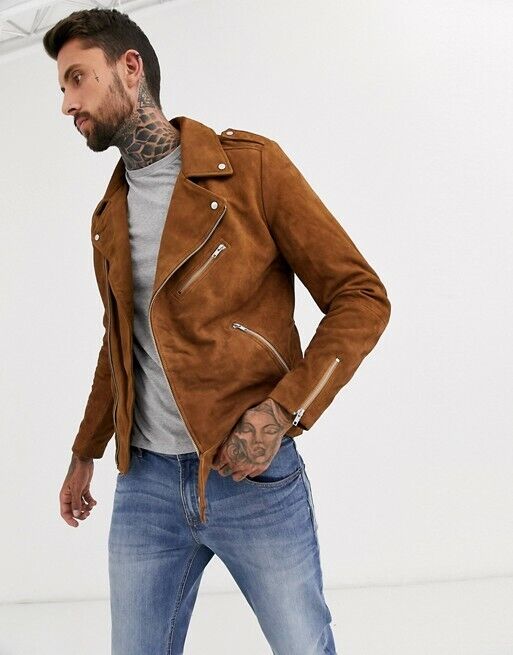 Men's Brown Suede Leather Biker Motorcycle Jacket