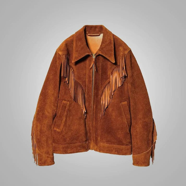 Men's Brown Suede Leather Western Cowboy Jacket with Fringe