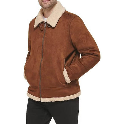 Men's Brown Suede Shearling Leather Aviator Jacket