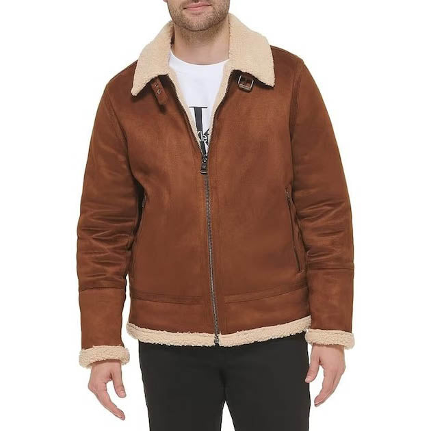 Men's Brown Suede Shearling Leather Aviator Jacket