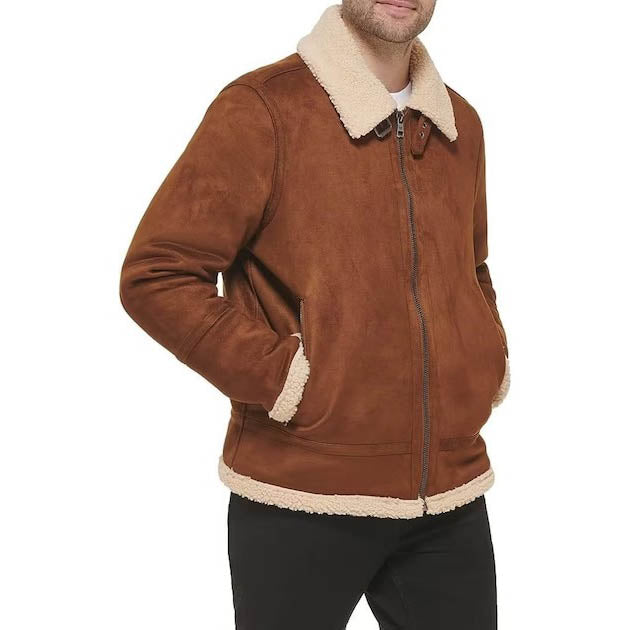 Men's Brown Suede Shearling Leather Aviator Jacket