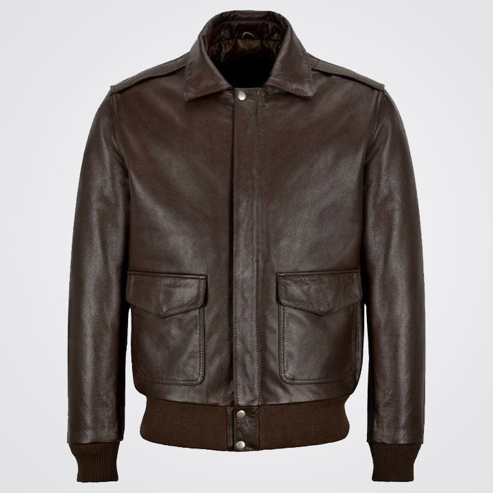 Men's Dark Brown Genuine Leather Bomber Jacket