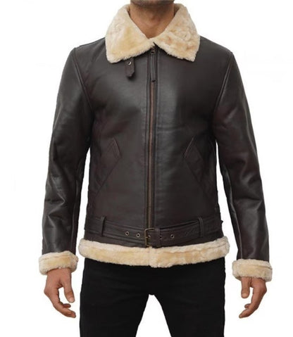 Men's Dark Brown Leather Shearling Bomber Jacket - Stylish Fur Coat