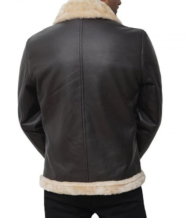 Men's Dark Brown Leather Shearling Bomber Jacket - Stylish Fur Coat
