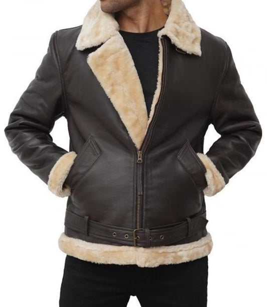 Men's Dark Brown Leather Shearling Bomber Jacket - Stylish Fur Coat