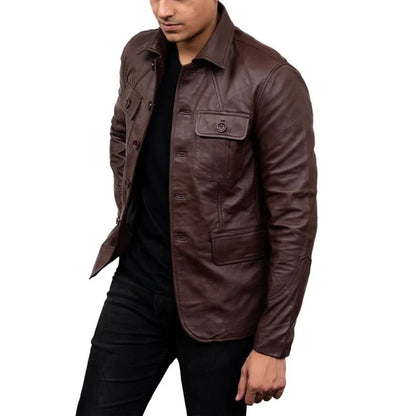 Men's Dark Brown Sheepskin Leather 5-Button Blazer Coat Jacket