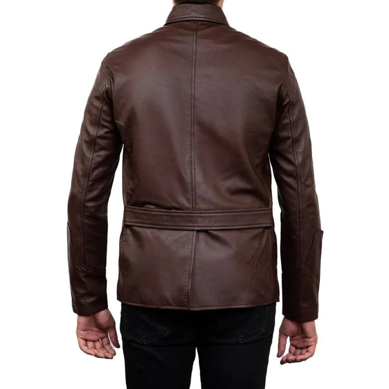 Men's Dark Brown Sheepskin Leather 5-Button Blazer Coat Jacket