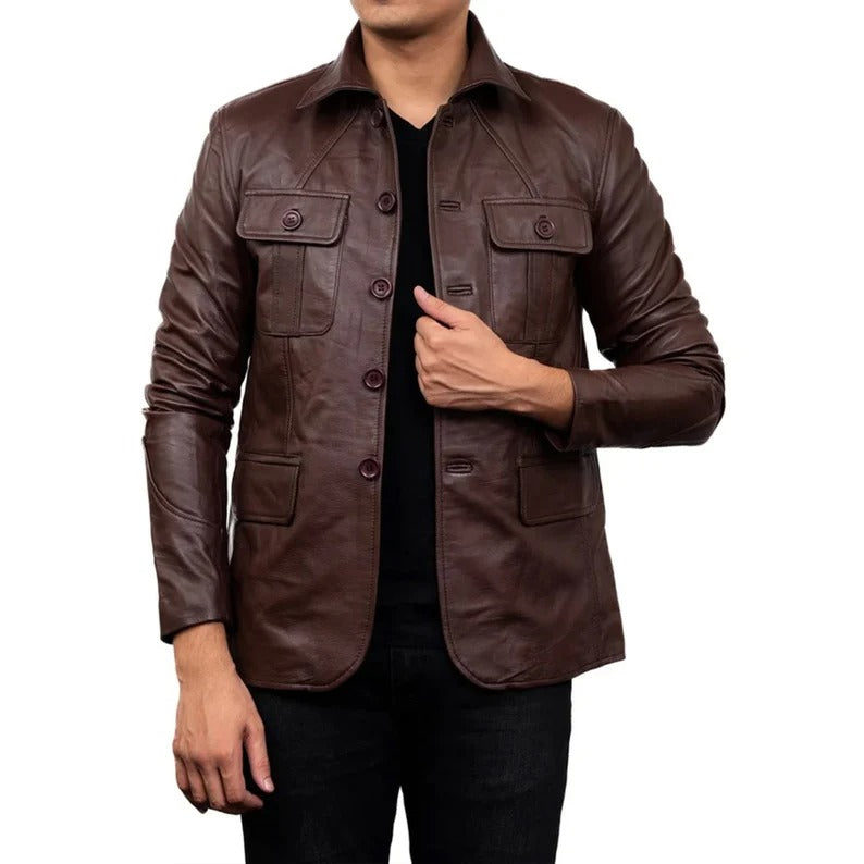 Men's Dark Brown Sheepskin Leather 5-Button Blazer Coat Jacket