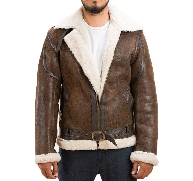 Men's Distressed Forest Brown Shearling Jacket - Shearling Coat