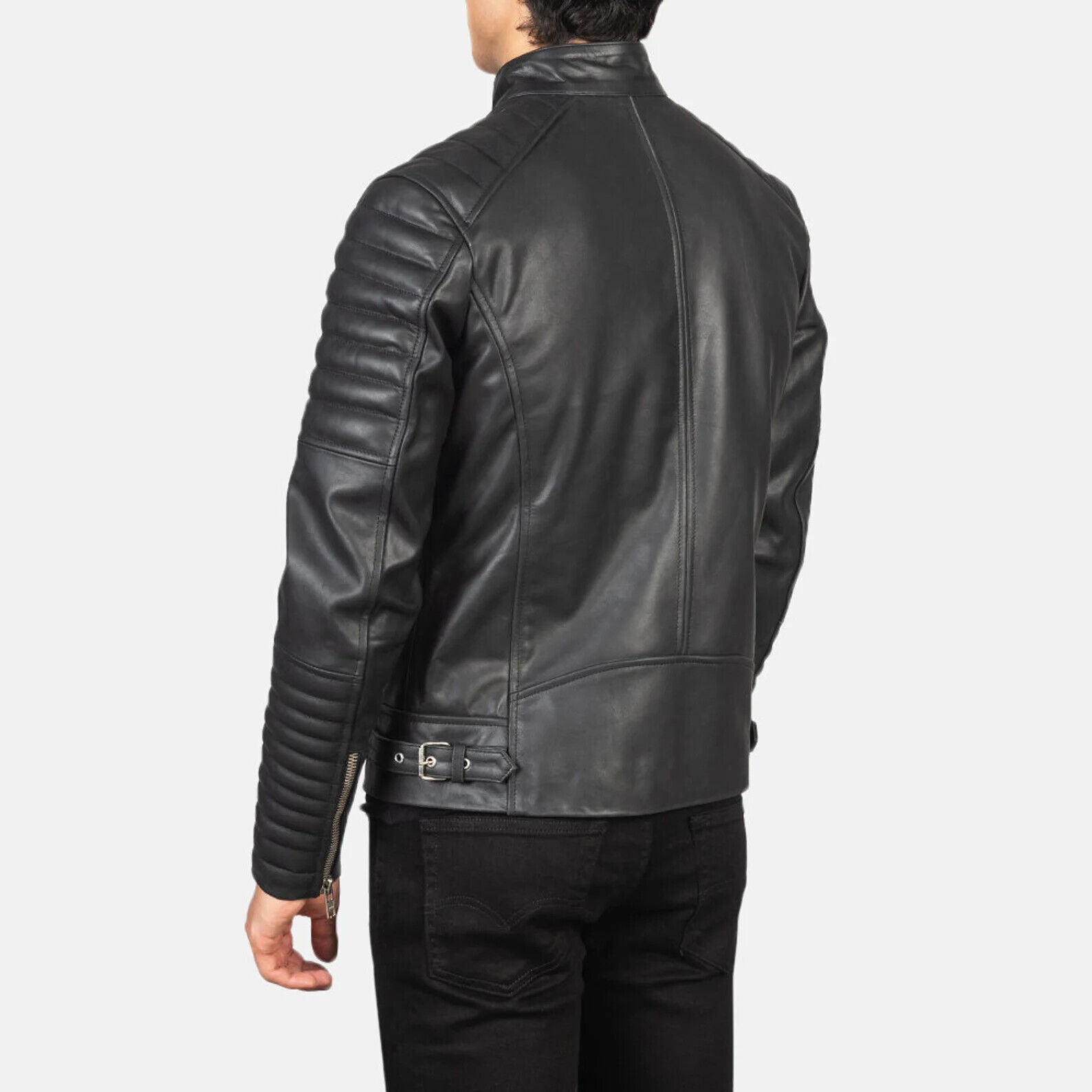 Men's Genuine Sheepskin Leather Black Biker Jacket