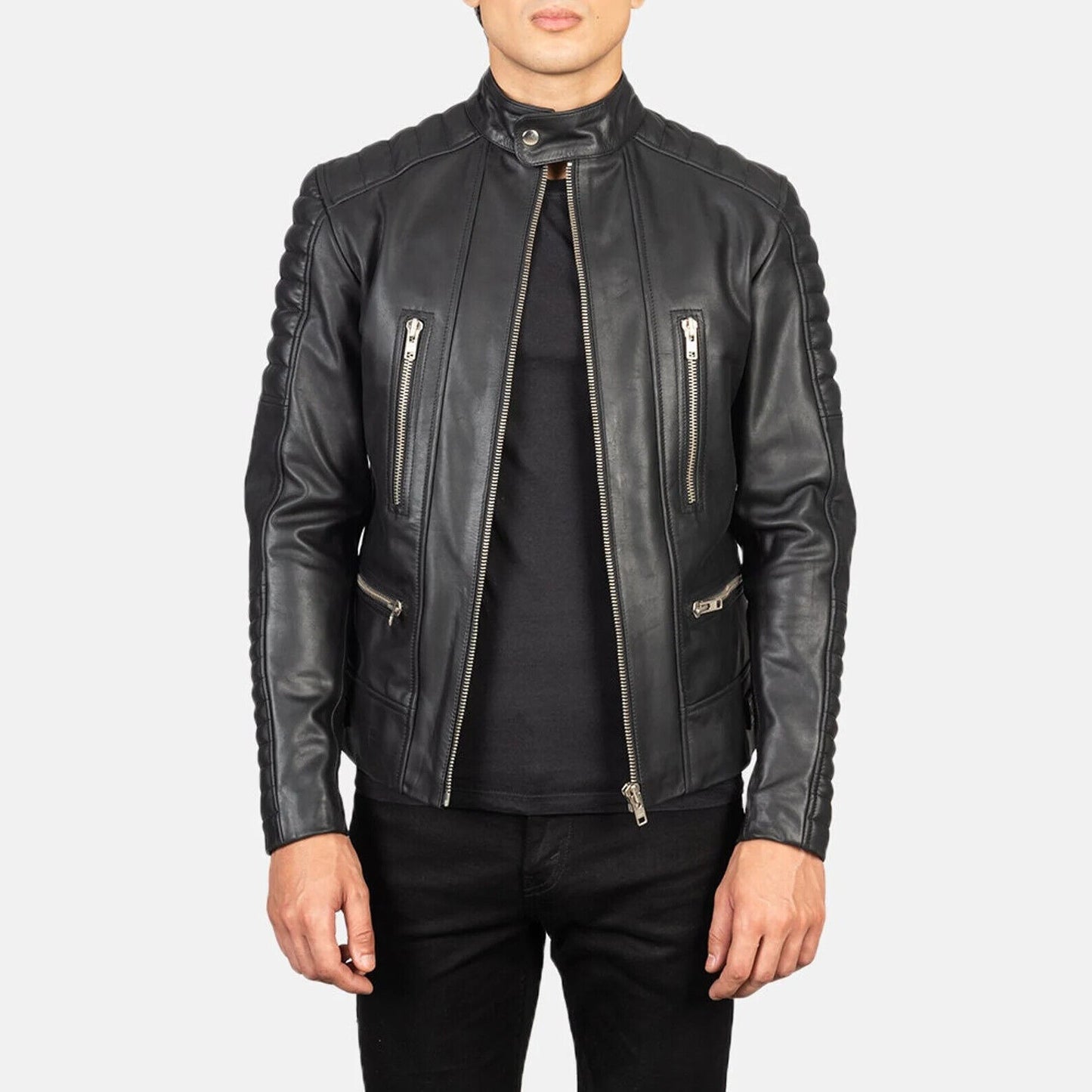 Men's Genuine Sheepskin Leather Black Biker Jacket