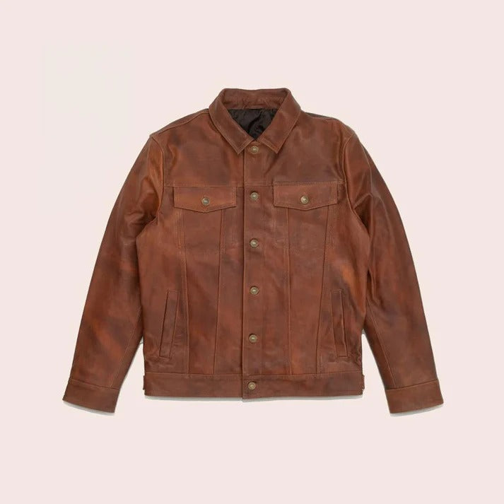 Classic Men's Plain Brown Goatskin Trucker Leather Jacket