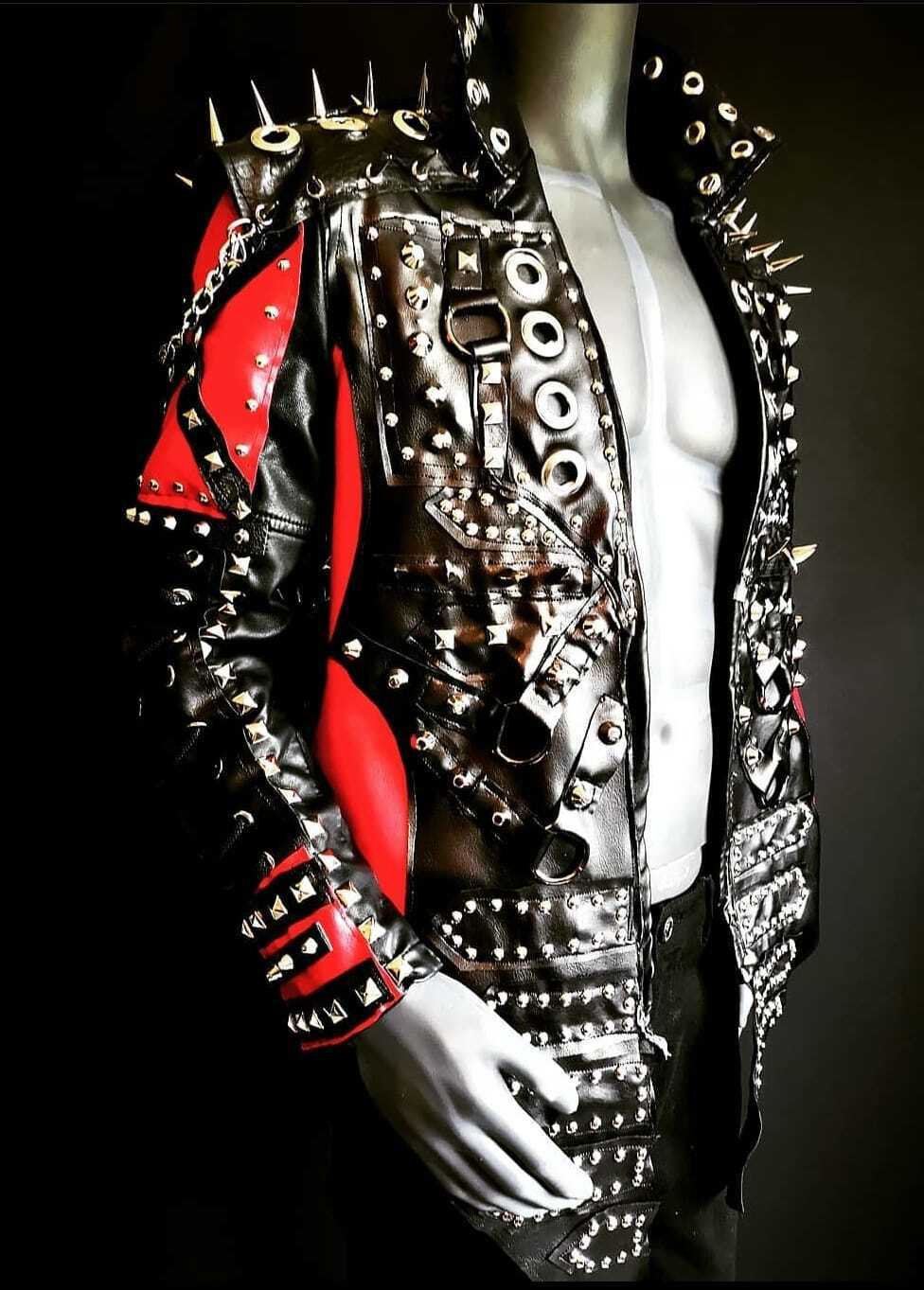 Men's Gothic Rock Metal Spiked Studded Black Leather Jacket