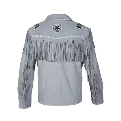 Men's Gray Suede Leather Western Fringe Jacket with Native American Beadwork