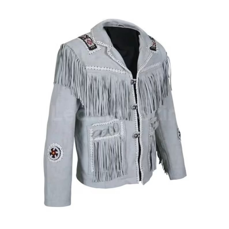 Men's Gray Suede Leather Western Fringe Jacket with Native American Beadwork