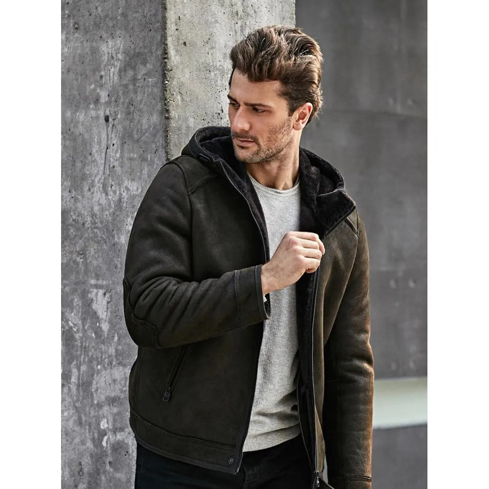 Men's Hooded B3 Shearling Short Winter Warm Jacket