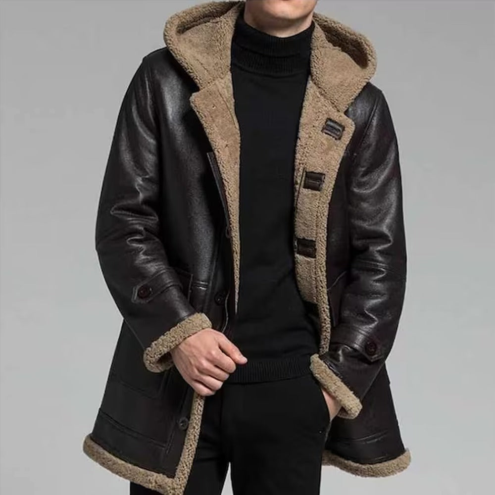 Men's Hooded Brown RAF B3 Aviator Bomber Leather Jacket with Faux Fur - Winter Coat