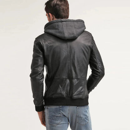 Men's Hooded Sheepskin Bomber Leather Jacket