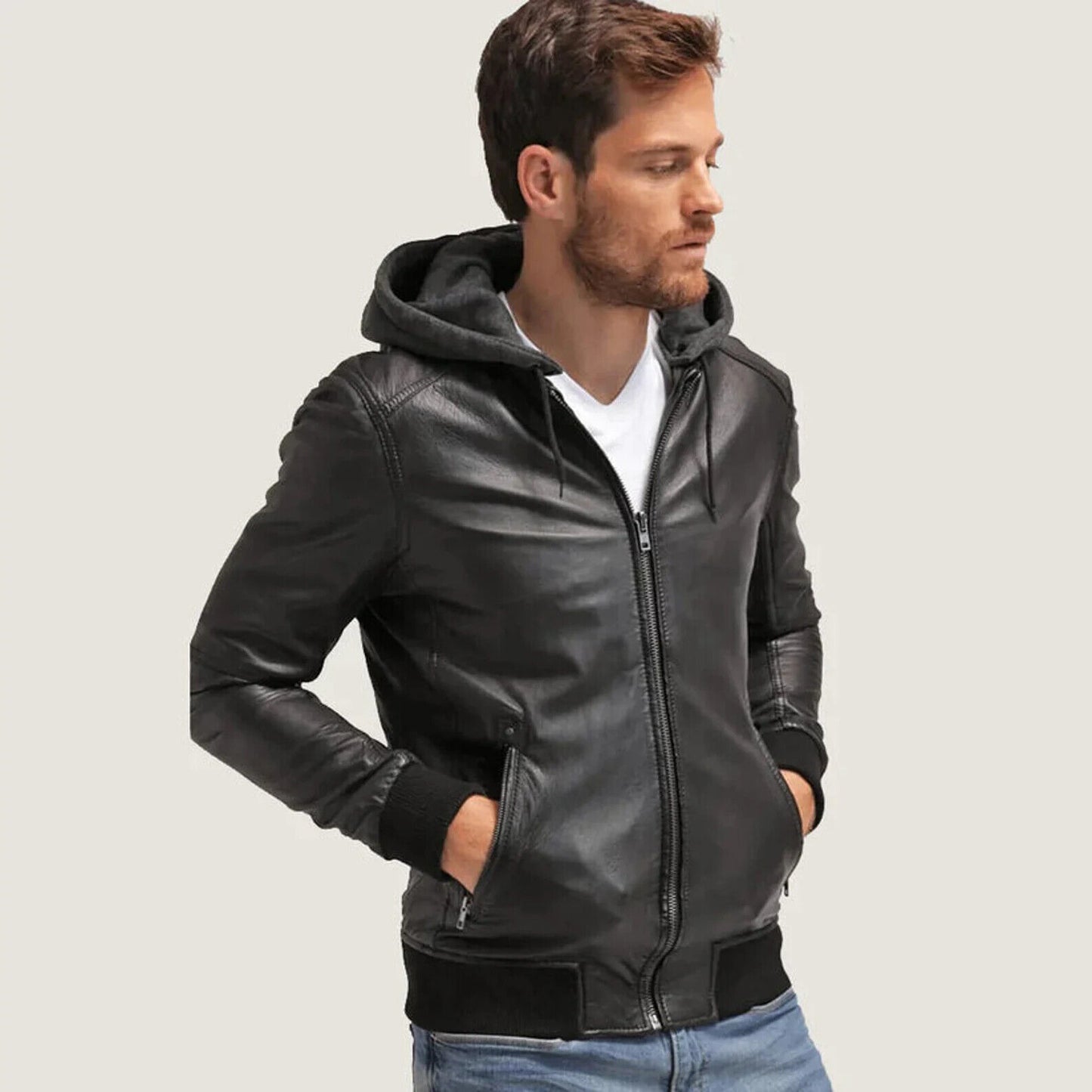 Men's Hooded Sheepskin Bomber Leather Jacket