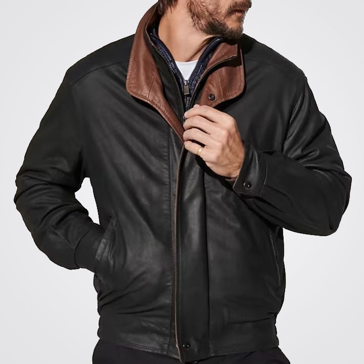 Men's Black Lambskin Leather Bomber Jacket