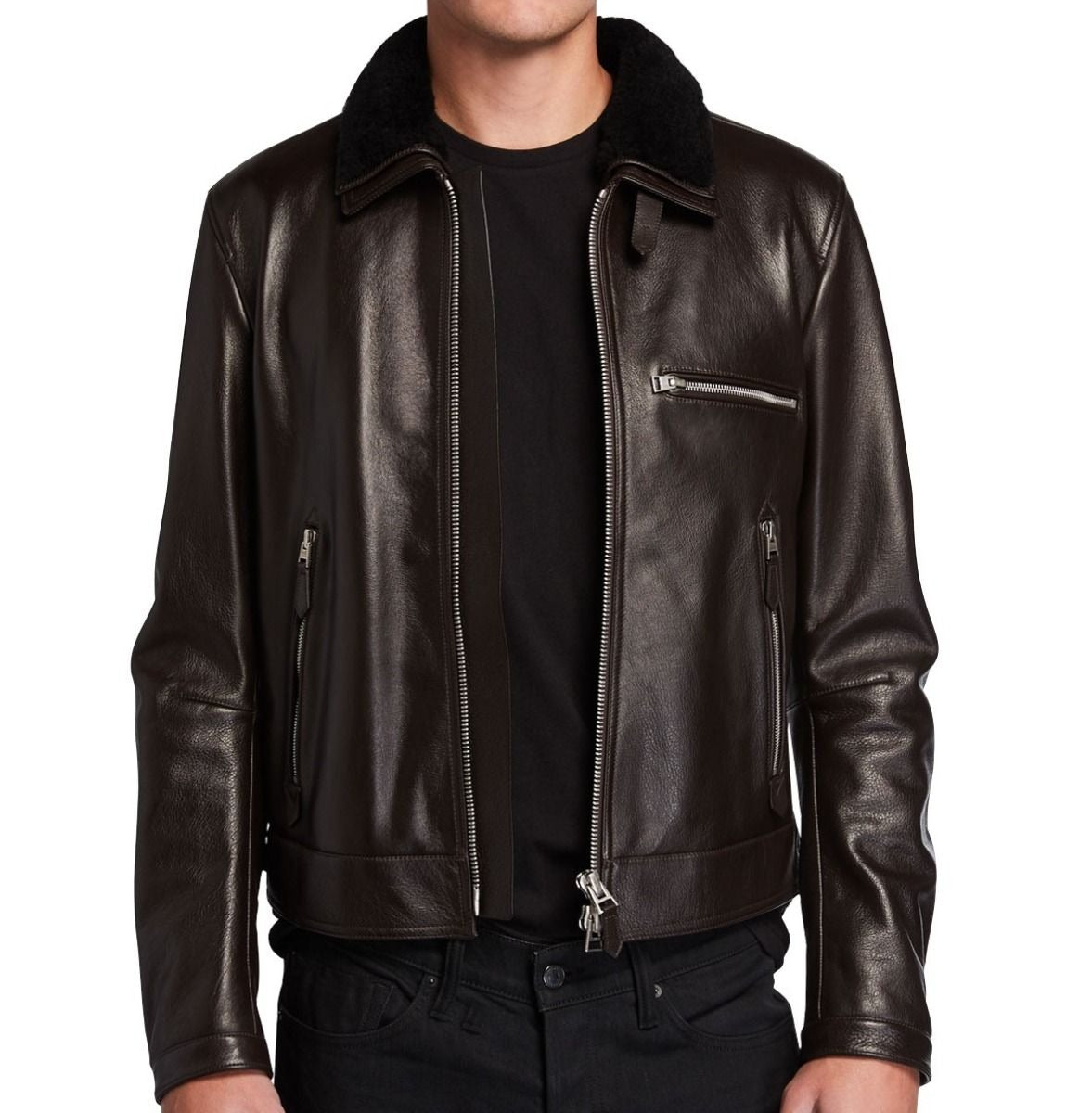 Men's Leather Jacket with Fur Collar - Brown Leather Jacket