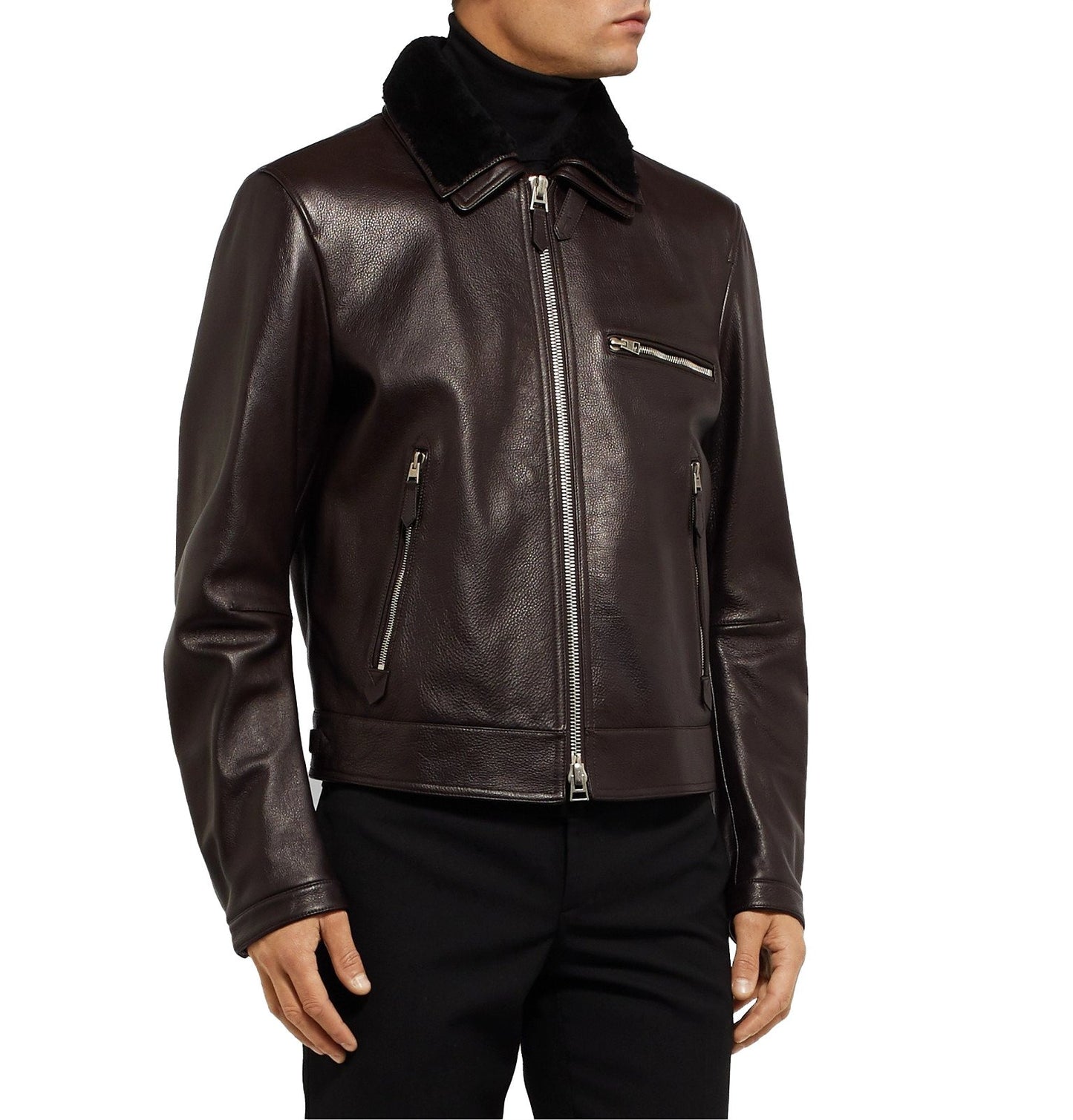 Men's Leather Jacket with Fur Collar - Brown Leather Jacket